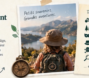 Polaroïd d'un enfant explorateur face à un lac, posé près d'une boussole.