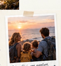 Polaroïd d'une famille regardant le coucher de soleil, blottie ensemble.