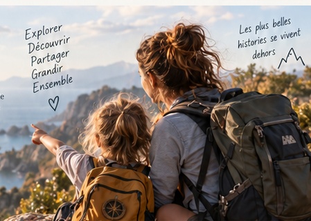 Une maman et son enfant, sac au dos, contemplent un paysage de bord de mer.